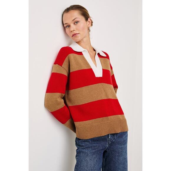 Rails Women's Cherry Camel Stripe Harris Collared Sweater Size Large cashmere - Picture 4 of 12